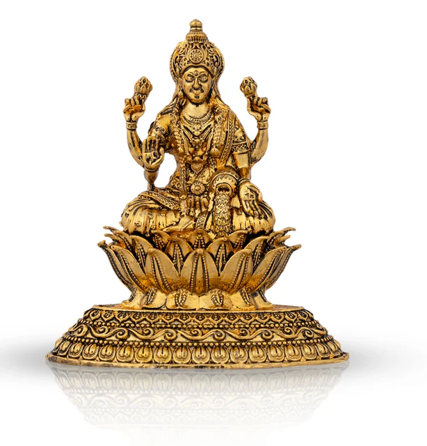 Lakshmi Idol Sitting On Lotus Base – 2.5 x 2.25 Inches | Gold Polish Laxmi Idol for Table Top & Car Decor